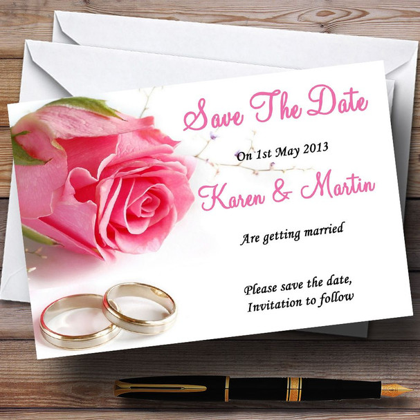 Gorgeous Pink Rose And Rings Customised Wedding Save The Date Cards