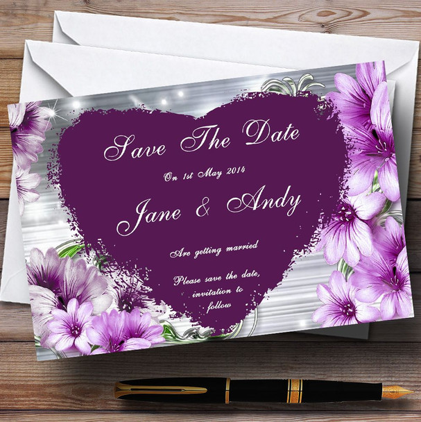 Purple Heart Flowers Customised Wedding Save The Date Cards