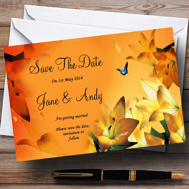 Orange Lily Flower Customised Wedding Save The Date Cards