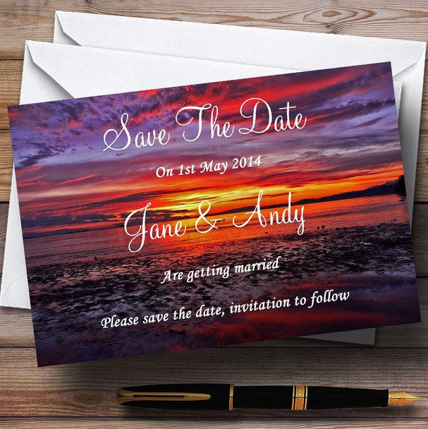 Beautiful Purple Sunset Beach Customised Wedding Save The Date Cards