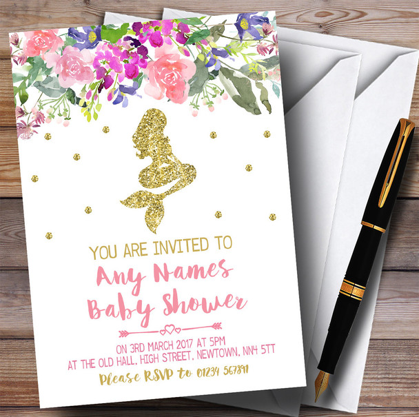 Floral Gold Mermaid Invitations Baby Shower Invitations