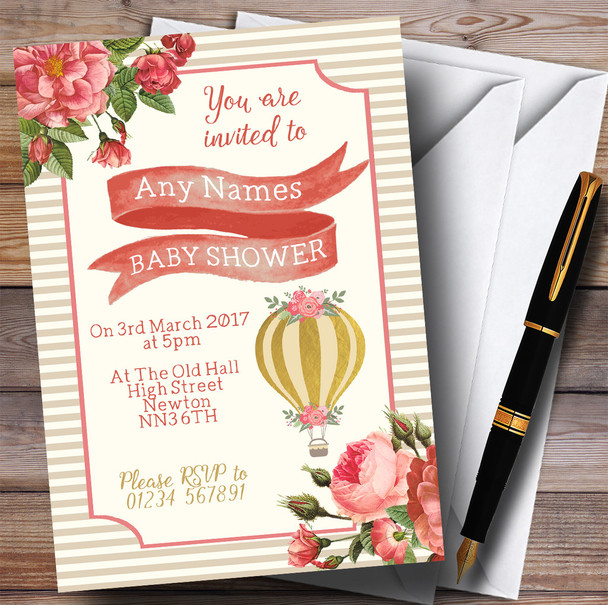 Floral Pink Gold Hot Air Balloon Invitations Baby Shower Invitations