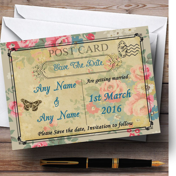 Blue Floral Vintage Paris Shabby Chic Postcard Customised Wedding Save The Date Cards