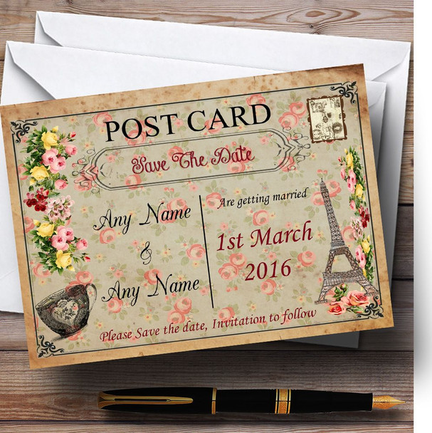 Vintage Paris Shabby Chic Floral Postcard Customised Wedding Save The Date Cards