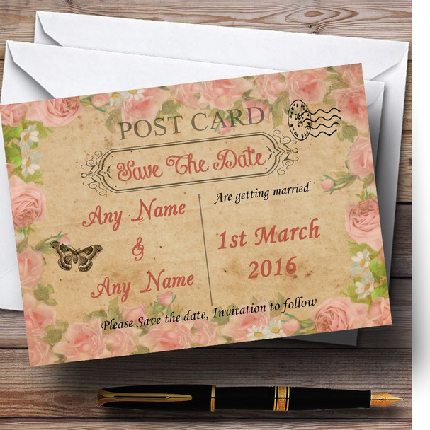Pink Roses Vintage Shabby Chic Postcard Customised Wedding Save The Date Cards