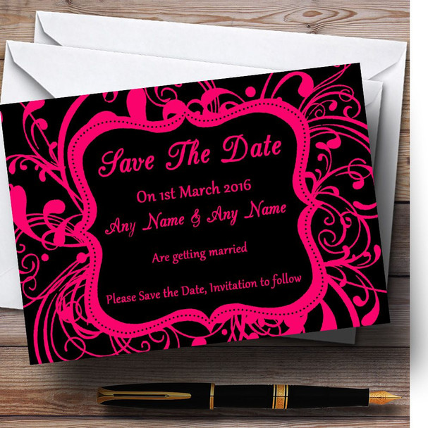 Black & Pink Swirl Deco Customised Wedding Save The Date Cards