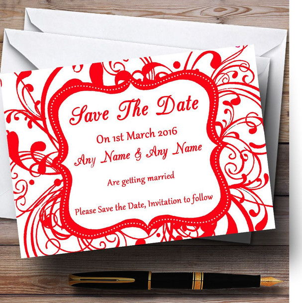 White & Red Swirl Deco Customised Wedding Save The Date Cards
