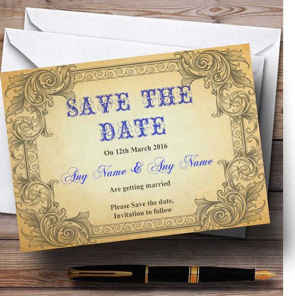 Typography Vintage Blue Postcard Customised Wedding Save The Date Cards