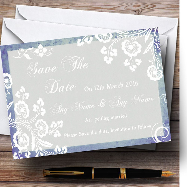 Rustic Blue Lace Customised Wedding Save The Date Cards