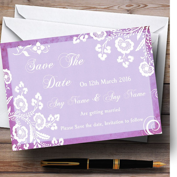 Rustic Lilac Lace Customised Wedding Save The Date Cards