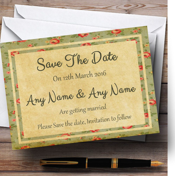 Vintage Shabby Chic Floral Postcard Style Customised Wedding Save The Date Cards