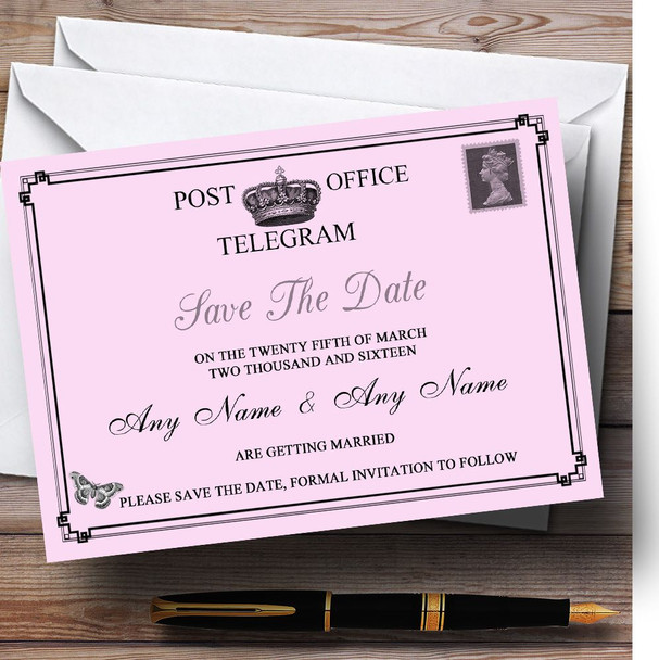 Vintage Telegram Elegant Pink Customised Wedding Save The Date Cards