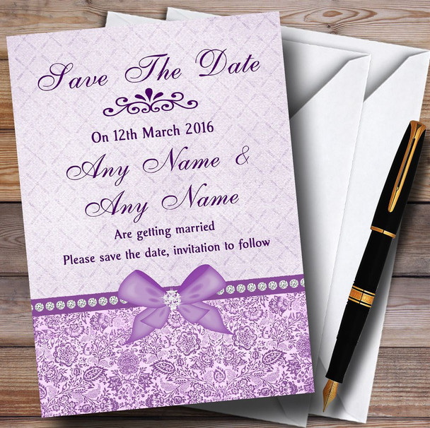 Pretty Floral Vintage Bow & Diamante Lilac Customised Wedding Save The Date Cards