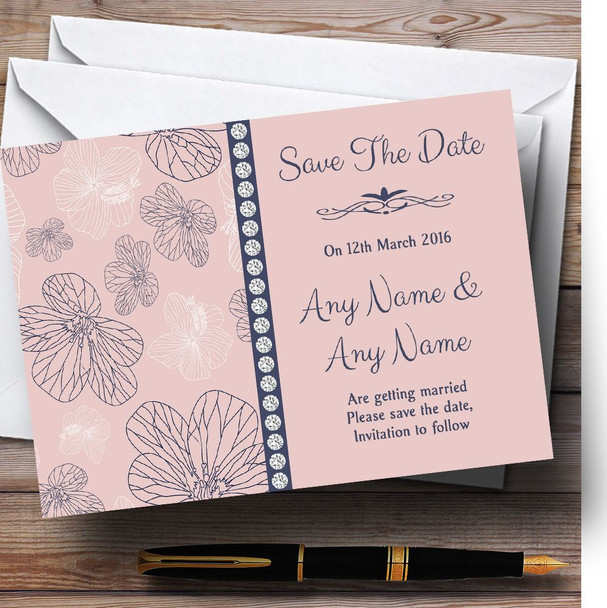 Dusty Coral Pink And Blue Floral Customised Wedding Save The Date Cards