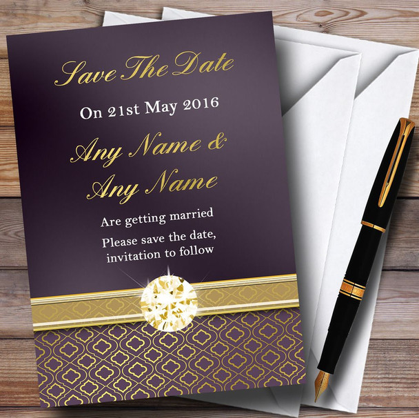 Purple Satin And Gold Customised Wedding Save The Date Cards