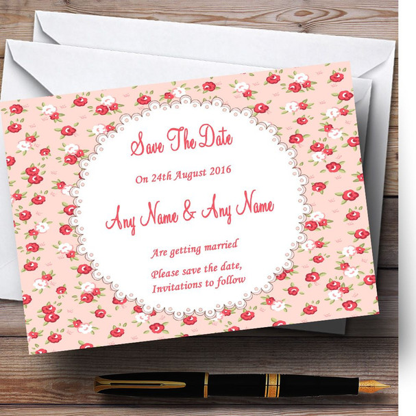 Red And Coral Pink Floral Shabby Chic Chintz Customised Wedding Save The Date Cards