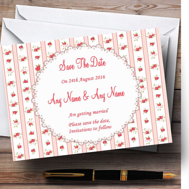 Pink Red Roses Shabby Chic Stripes Customised Wedding Save The Date Cards