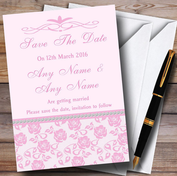 Pretty Baby Rose Pink Floral Diamante Customised Wedding Save The Date Cards