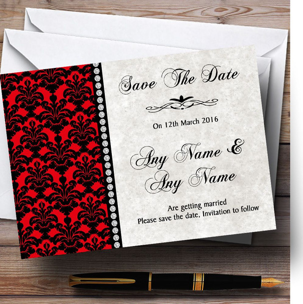 Deep Red Black Damask & Diamond Customised Wedding Save The Date Cards