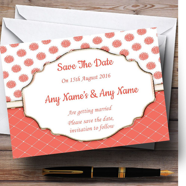 Coral And White Flowers Quilt Customised Wedding Save The Date Cards