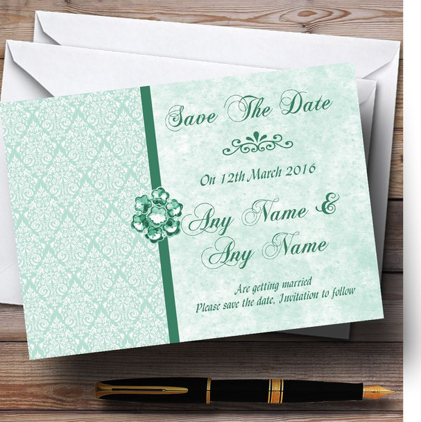 Pale Mint Green Vintage Damask Jewel Customised Wedding Save The Date Cards