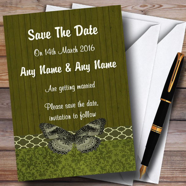 Rustic Vintage Wood Butterfly Olive Green Customised Wedding Save The Date Cards