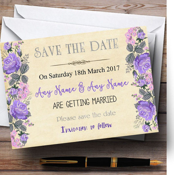 Vintage Purple & Pink Watercolour Customised Wedding Save The Date Cards