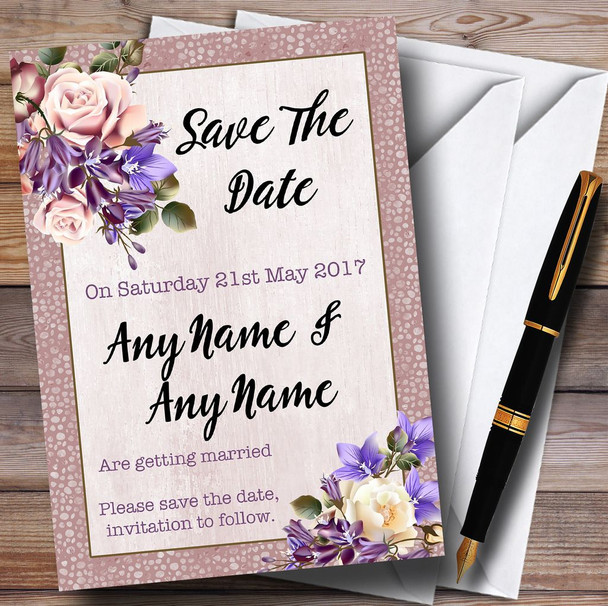 Pale Coral Pink & Lilac Watercolour Rose Customised Save The Date Cards