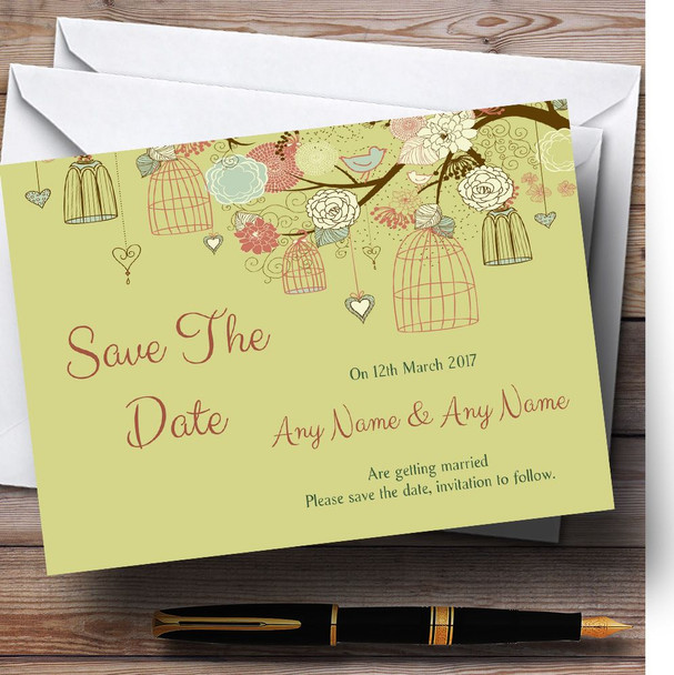 Vintage Shabby Chic Birdcage Gold Green Customised Wedding Save The Date Cards