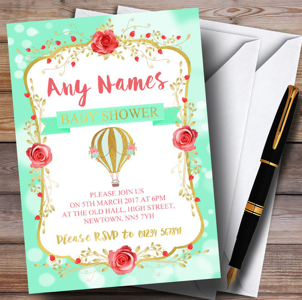 Green & Gold Hot Air Balloon Invitations Baby Shower Invitations