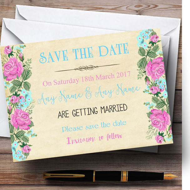 Vintage Pink & Blue Watercolour Customised Wedding Save The Date Cards