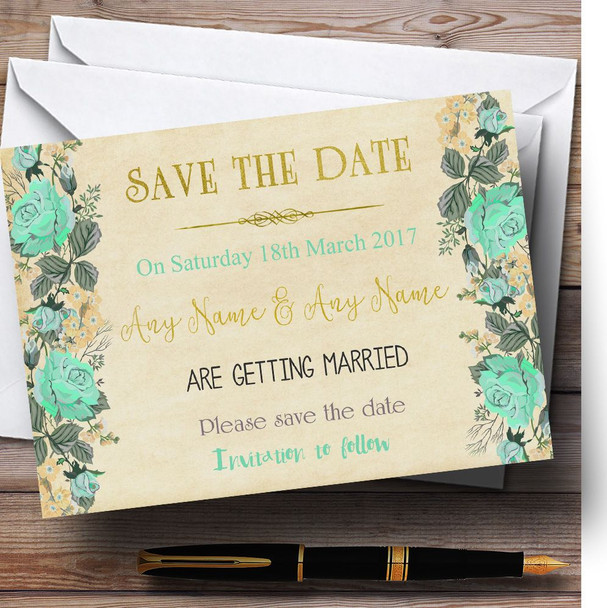 Vintage Mint Green & Gold Watercolour Customised Wedding Save The Date Cards