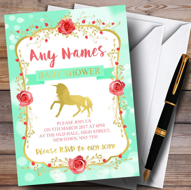 Green Unicorn Invitations Baby Shower Invitations