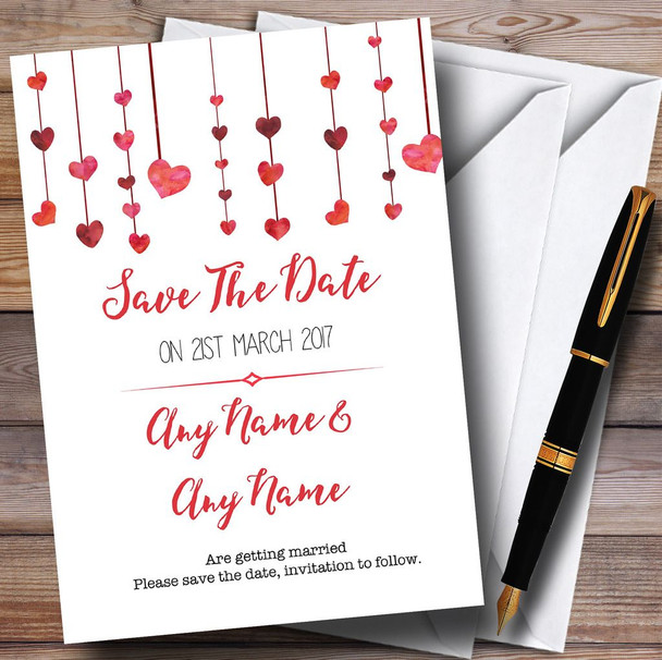 Red Watercolour Heart Drop Customised Wedding Save The Date Cards