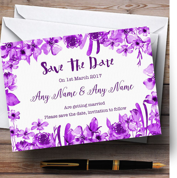 Watercolour Indigo Cadbury Purple Floral Customised Save The Date Cards