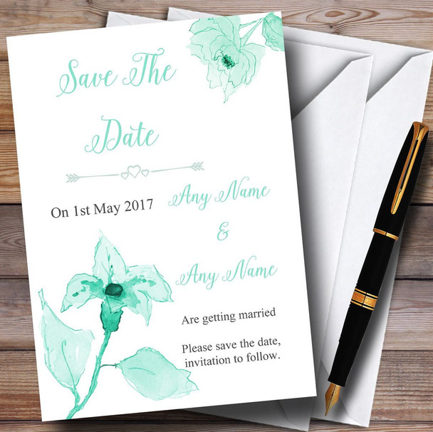 Beautiful Aqua Mint Green Watercolour Flowers Customised Save The Date Cards