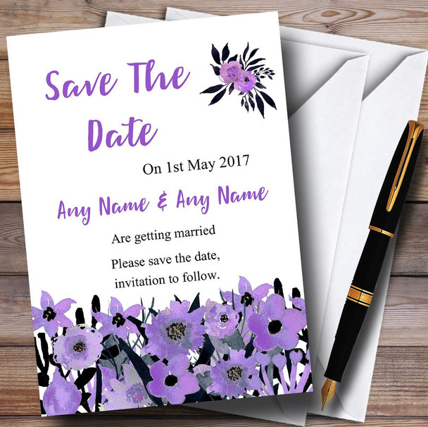 Black & Purple Watercolour Flowers Customised Wedding Save The Date Cards