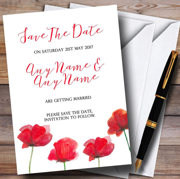 Stunning Watercolour Poppies Red Customised Wedding Save The Date Cards