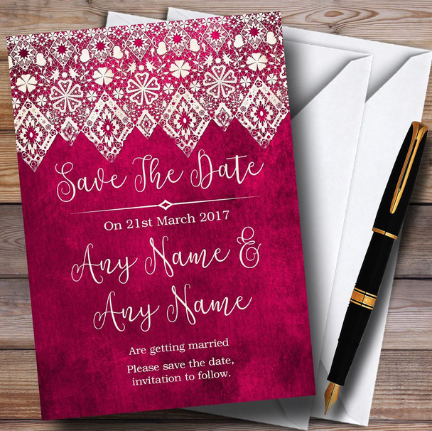 Berry Pink Old Paper & Lace Effect Customised Save The Date Cards