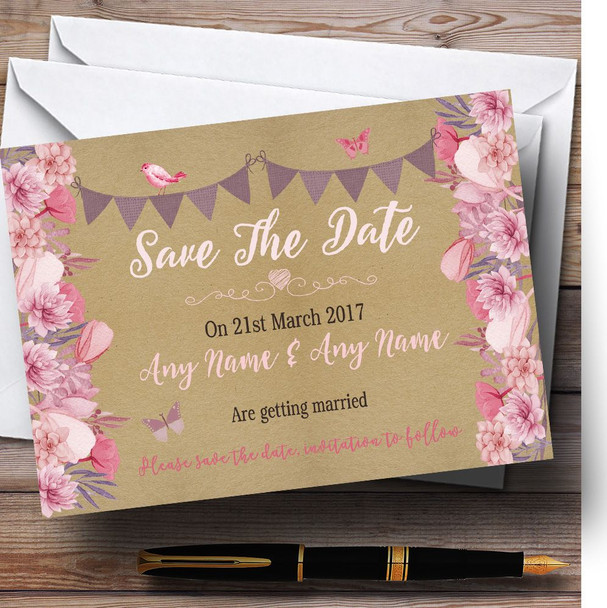 Lilac & Pink Rustic Bunting & Floral Customised Wedding Save The Date Cards