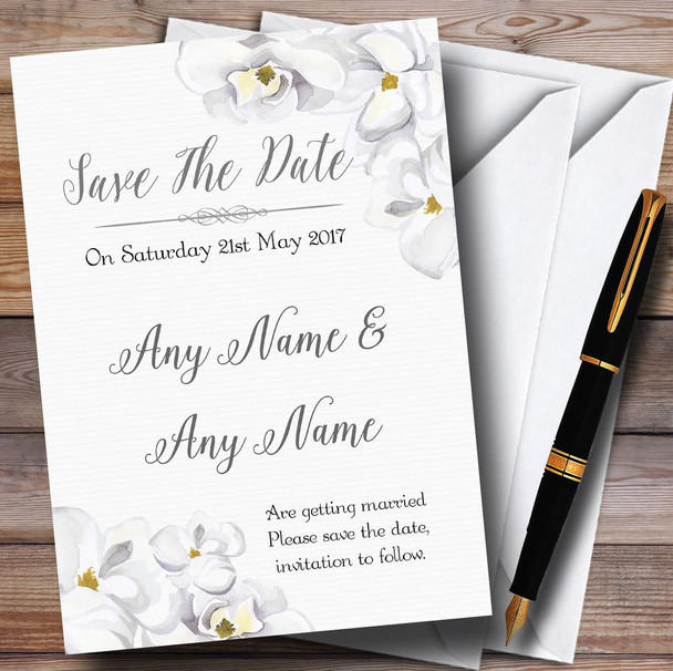 Stunning White Watercolour Magnolias Customised Wedding Save The Date Cards