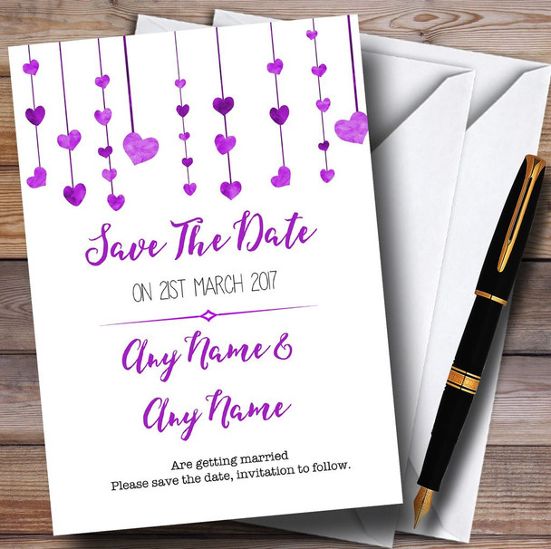 Purple Watercolour Heart Drop Customised Wedding Save The Date Cards