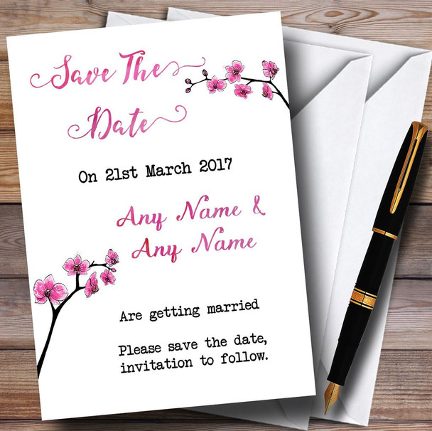 Pink Cherry Blossom Watercolour Customised Wedding Save The Date Cards