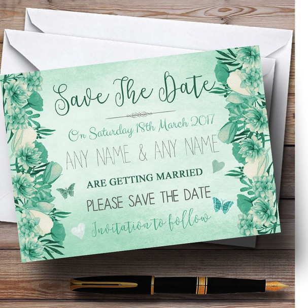 Pale Teal Mint Green Vintage Watercolour Floral Customised Save The Date Cards