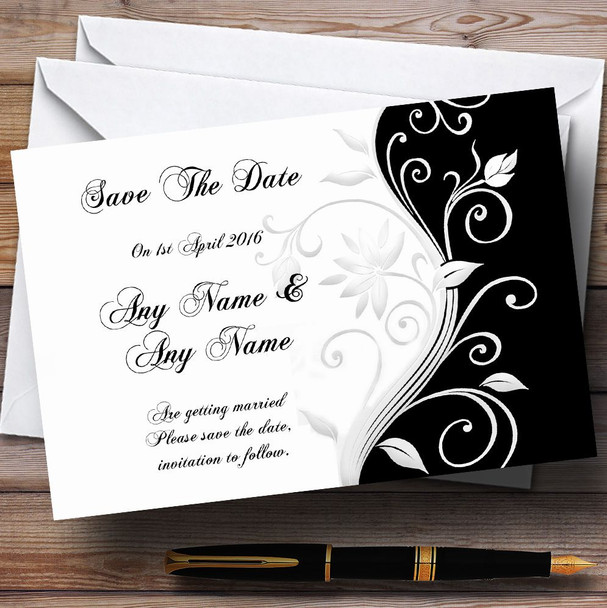 White Black Scroll Customised Wedding Save The Date Cards