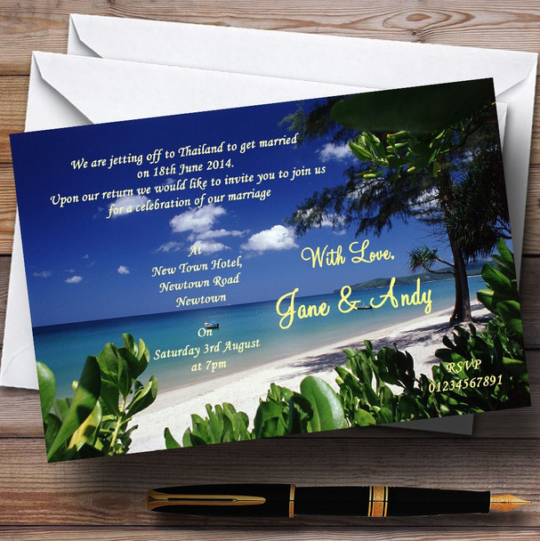 Thailand Beach Palm Tree Jetting Off Abroad Customised Wedding Invitations