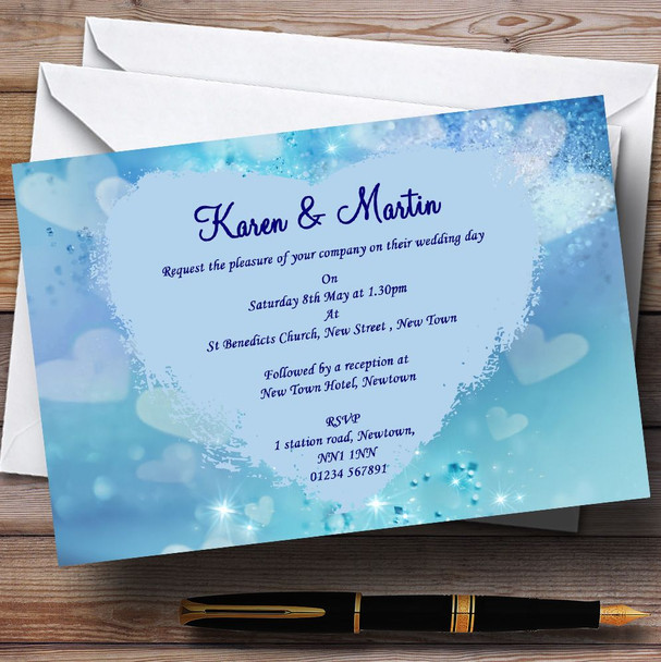Pale Blue Love Hearts Customised Wedding Invitations