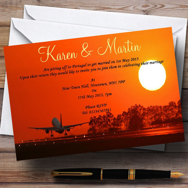 Plane Taking Off Into Sunset Jetting Off Abroad Customised Wedding Invitations