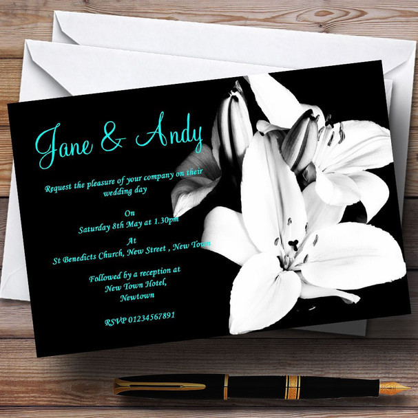 Stunning Lily Black White Turquoise Customised Wedding Invitations