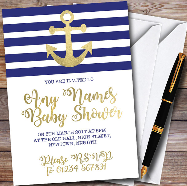 Gold Blue & White Nautical Anchor Customised Baby Shower Invitations